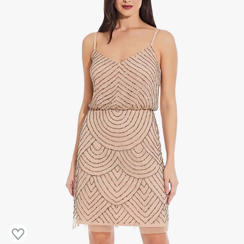 Adrianna Papell Blush Nude Beaded Spaghetti Strap Cocktail Dress